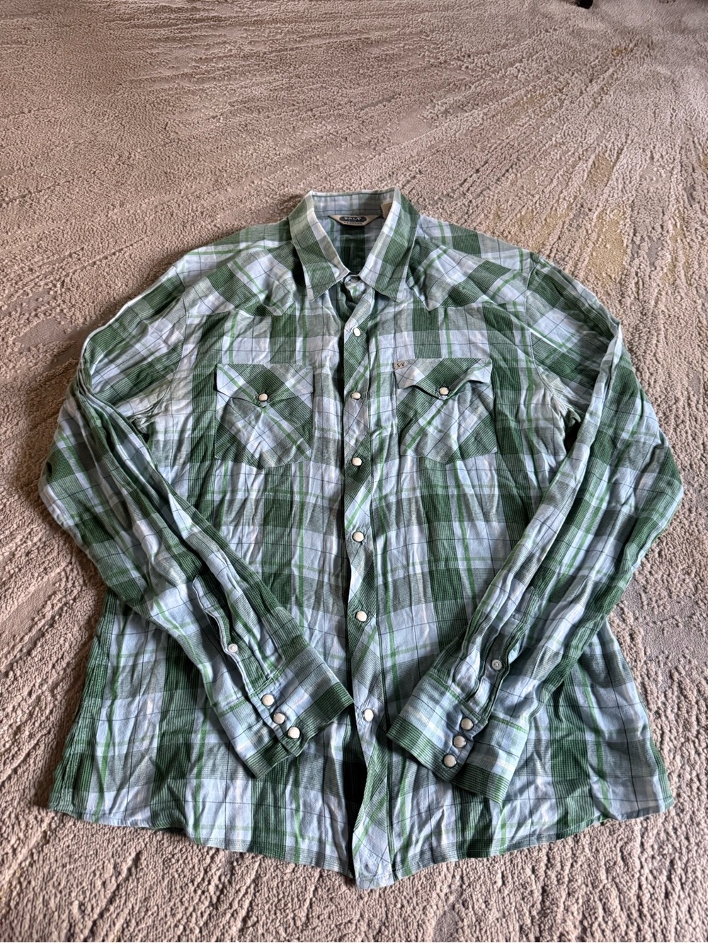 Salt Valley Western shirt green blue plaid check  long sleeve pearl snap large